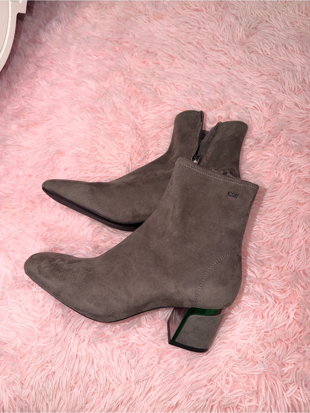 DKNY Taupe Suede Pointed Ankle Boots with Block Heel